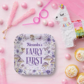Purple Floral Fairy First Birthday Square  Papieren Bordje (Feest)