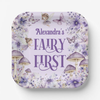 Purple Floral Fairy First Birthday Square Papieren Bordje
