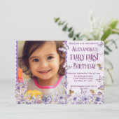 Purple Floral Fairy First QR Code Photo Birthday Kaart (Staand voorkant)
