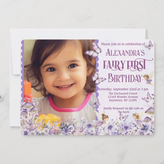 Purple Floral Fairy First QR Code Photo Birthday Kaart (Voorkant)