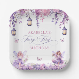 Purple Floral Fantasy Fairy First Birthday Papieren Bordje