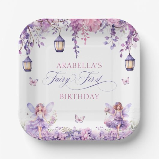 Purple Floral Fantasy Fairy First Birthday Papieren Bordje (Voorkant)