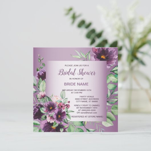 Purple Floral Geometric Greenery Bridal Shower Kaart (Staand voorkant)