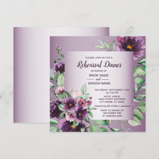 Purple Floral Geometric Greenery Rehearsal Dinner  Kaart (Voorkant / Achterkant)