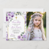Purple Floral Girl First Holy Communion Photo Kaart (Voorkant)