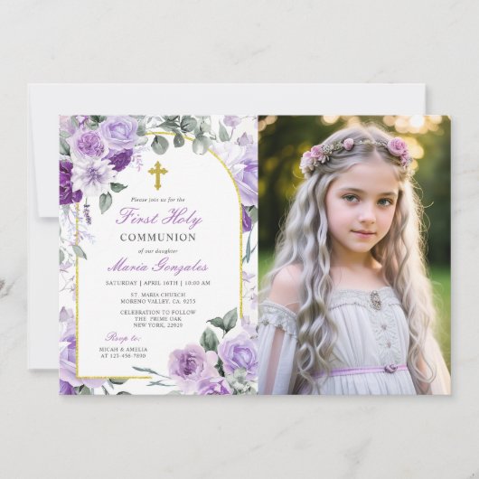 Purple Floral Girl First Holy Communion Photo Kaart (Voorkant)