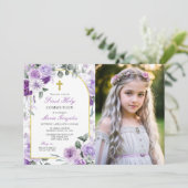 Purple Floral Girl First Holy Communion Photo Kaart (Staand voorkant)