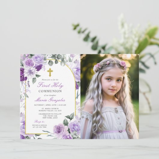 Purple Floral Girl First Holy Communion Photo Kaart (Staand voorkant)