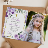 Purple Floral Girl First Holy Communion Photo Kaart