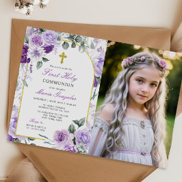 Purple Floral Girl First Holy Communion Photo Kaart