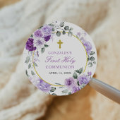 Purple Floral Girl First Holy Communion Ronde Sticker