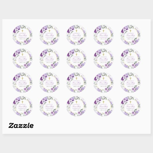 Purple Floral Girl First Holy Communion Ronde Sticker (Vel)