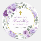 Purple Floral Girl First Holy Communion Ronde Sticker (Voorkant)