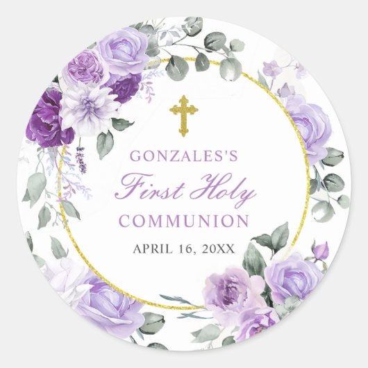Purple Floral Girl First Holy Communion Ronde Sticker (Voorkant)