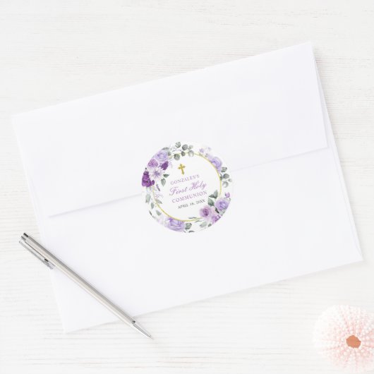Purple Floral Girl First Holy Communion Ronde Sticker (Envelop)