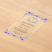Purple Floral Gold Catholic Cross Wedding Acryl Uitnodigingen (Laagn)