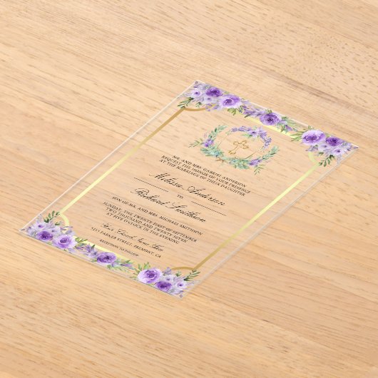 Purple Floral Gold Catholic Cross Wedding Acryl Uitnodigingen (Laagn)