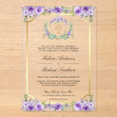Purple Floral Gold Catholic Cross Wedding Acryl Uitnodigingen (Voorkant)