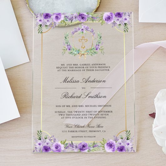 Purple Floral Gold Catholic Cross Wedding Acryl Uitnodigingen