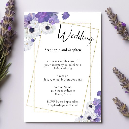 Purple Floral & Gold Geometric Wedding Invitation Kaart