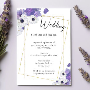 Purple Floral & Gold Geometric Wedding Invitation Kaart