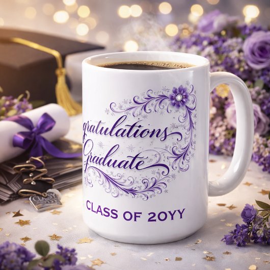 Purple Floral Graduation Script with Custom Year Koffiemok