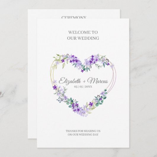 Purple Floral Heart for Wedding Sand Ceremony Programmakaart (Voorkant / Achterkant)