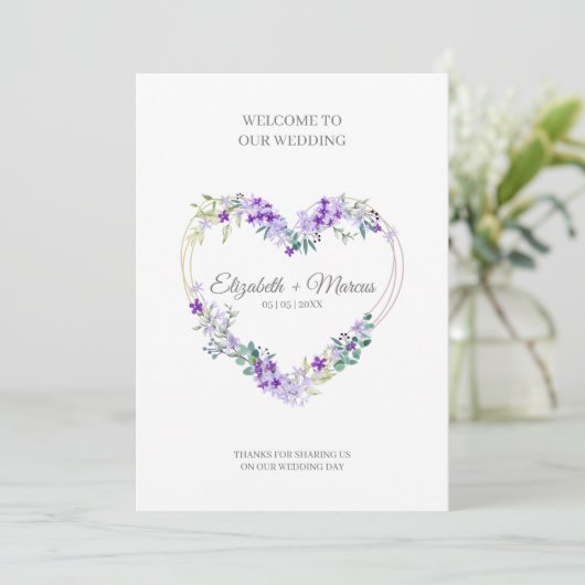 Purple Floral Heart for Wedding Sand Ceremony Programmakaart (Staand voorkant)