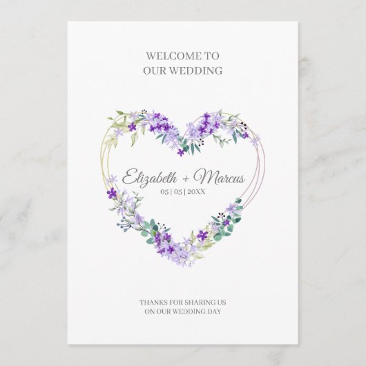 Purple Floral Heart for Wedding Sand Ceremony Programmakaart (Voorkant)