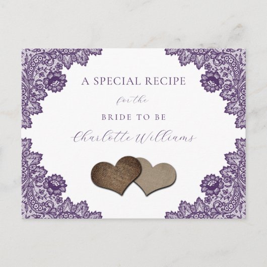 Purple Floral Lace Bridal Shower Recipe Card Briefkaart (Voorkant)