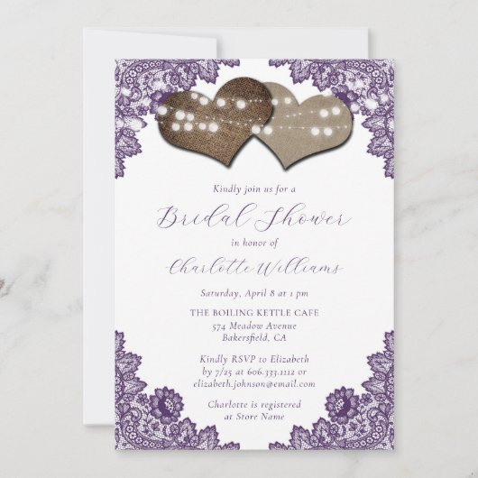 Purple Floral Lace Burlap Hearts Bridal Shower Kaart (Voorkant)