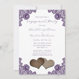Purple Floral Lace Burlap Hearts Engagement Party Kaart