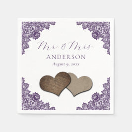 Purple Floral Lace Burlap Hearts Mr & Mrs Wedding Servet