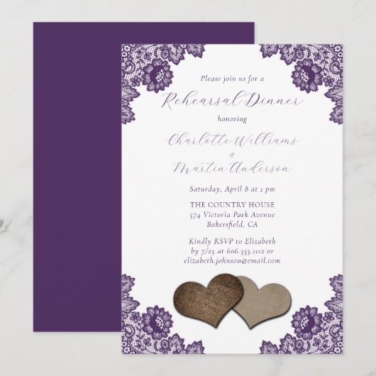 Purple Floral Lace Burlap Hearts Rehearsal Dinner Kaart (Voorkant / Achterkant)