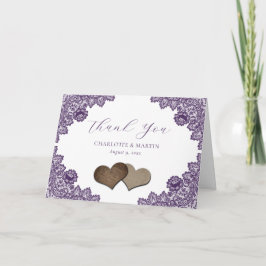Purple Floral Lace Burlap Hearts Rustic Wedding Bedankkaart