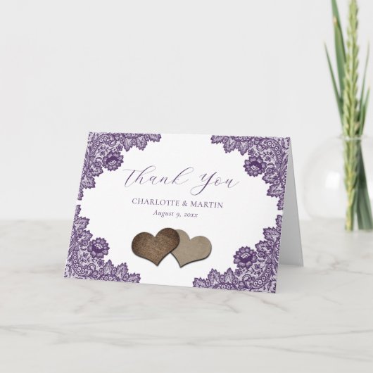 Purple Floral Lace Burlap Hearts Rustic Wedding Bedankkaart (Voorkant)