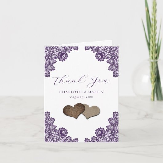 Purple Floral Lace Burlap Hearts Rustic Wedding Bedankkaart (Voorkant)