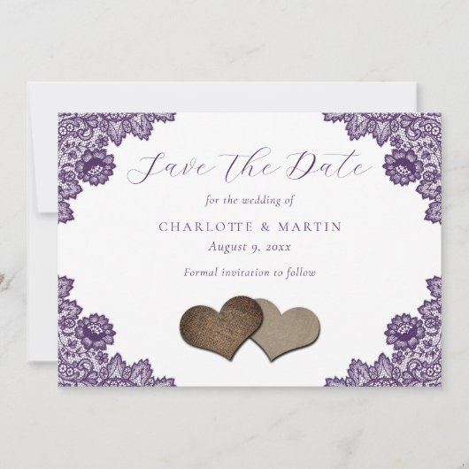 Purple Floral Lace Burlap Hearts Rustic Wedding Save The Date (Voorkant)