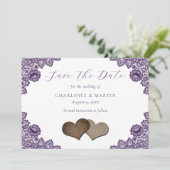 Purple Floral Lace Burlap Hearts Rustic Wedding Save The Date (Staand voorkant)