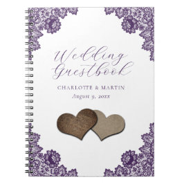 Purple Floral Lace Burlap Hearts Wedding Guestbook Notitieboek