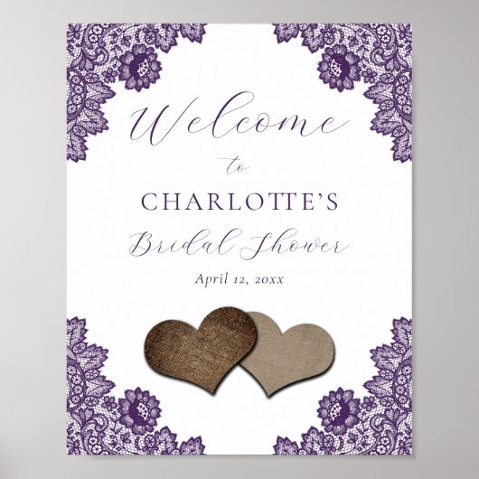 Purple Floral Lace Rustic Bridal Shower Sign Poster (Voorkant)