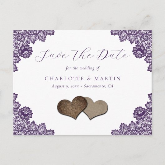 Purple Floral Lace Rustic Wedding Save The Date Aankondigingskaart (Voorkant)