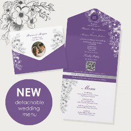 Purple Floral Menu Photo Wedding All In One Uitnodiging