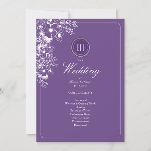 Purple Floral Monogram Wedding Program (Voorkant)