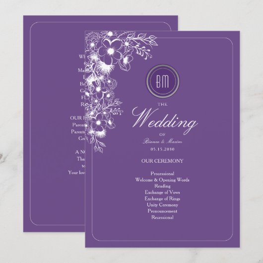 Purple Floral Monogram Wedding Program (Voorkant / Achterkant)