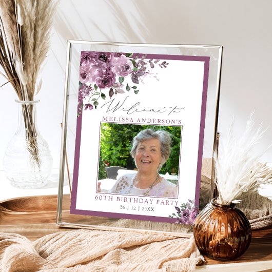 Purple Floral Photo 60th Birthday Welcome Poster