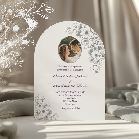 Purple Floral Photo Arched Wedding Kaart