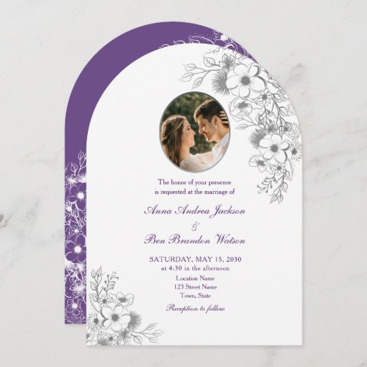 Purple Floral Photo Arched Wedding Kaart (Voorkant / Achterkant)