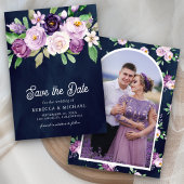 Purple Floral Photo Navy Blue Wedding Save The Date