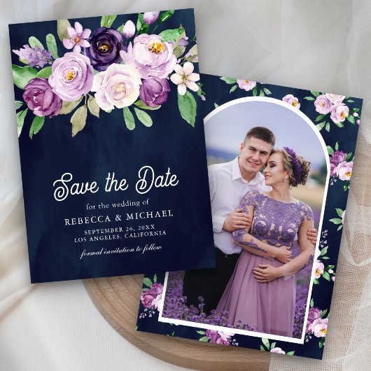 Purple Floral Photo Navy Blue Wedding Save The Date